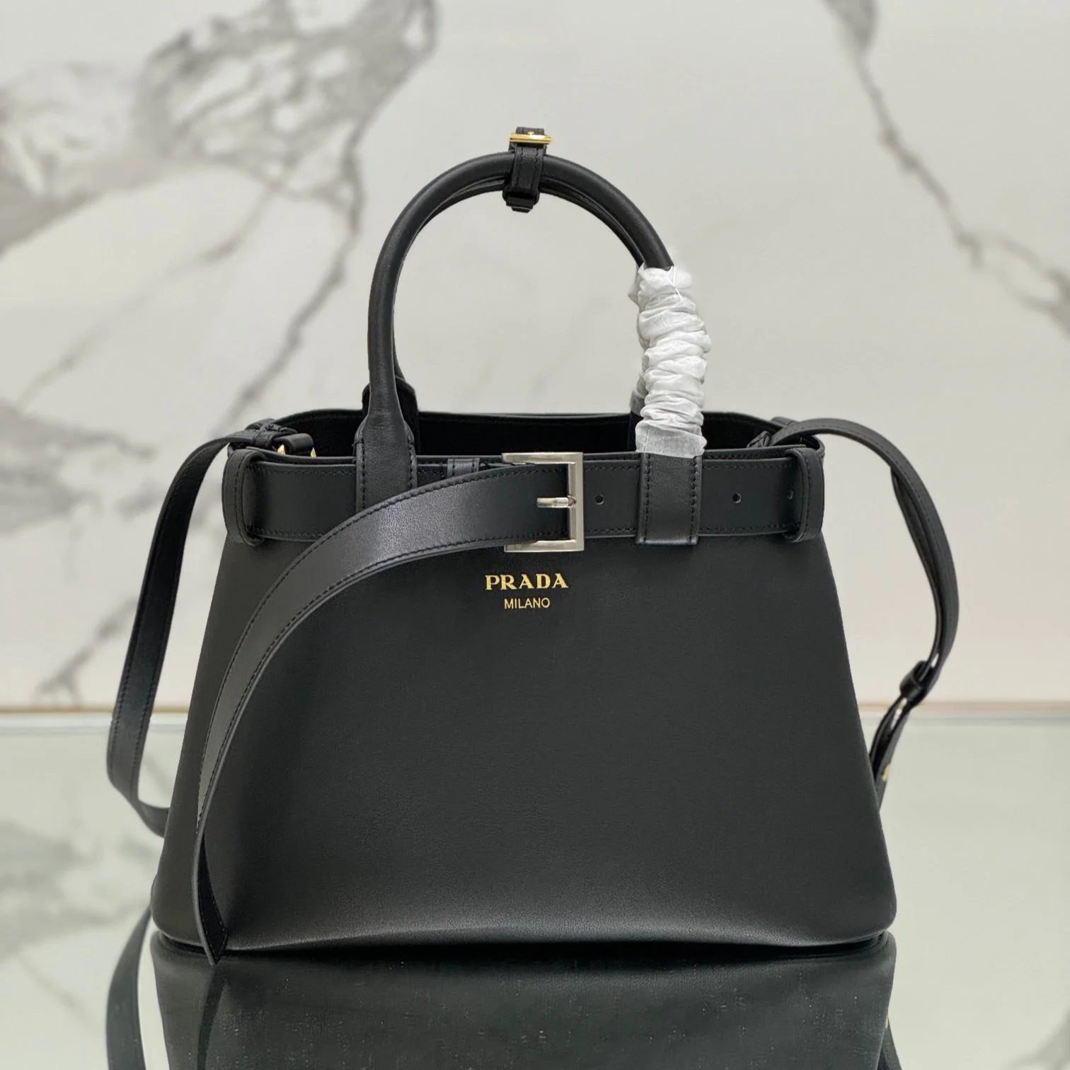 Prada TOTE BAG 32 IN BLACK IMPORTED CALFSKIN