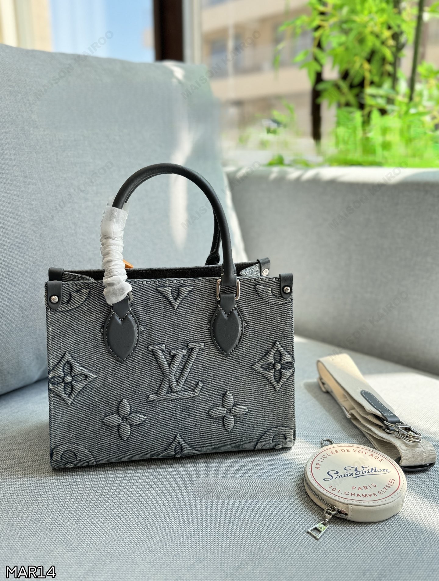 Louis Vuitton LV OnTheGo PM Monogram Denim Giant Embossed Round Coin Purse Top Handle Tote Bag - KAIROO