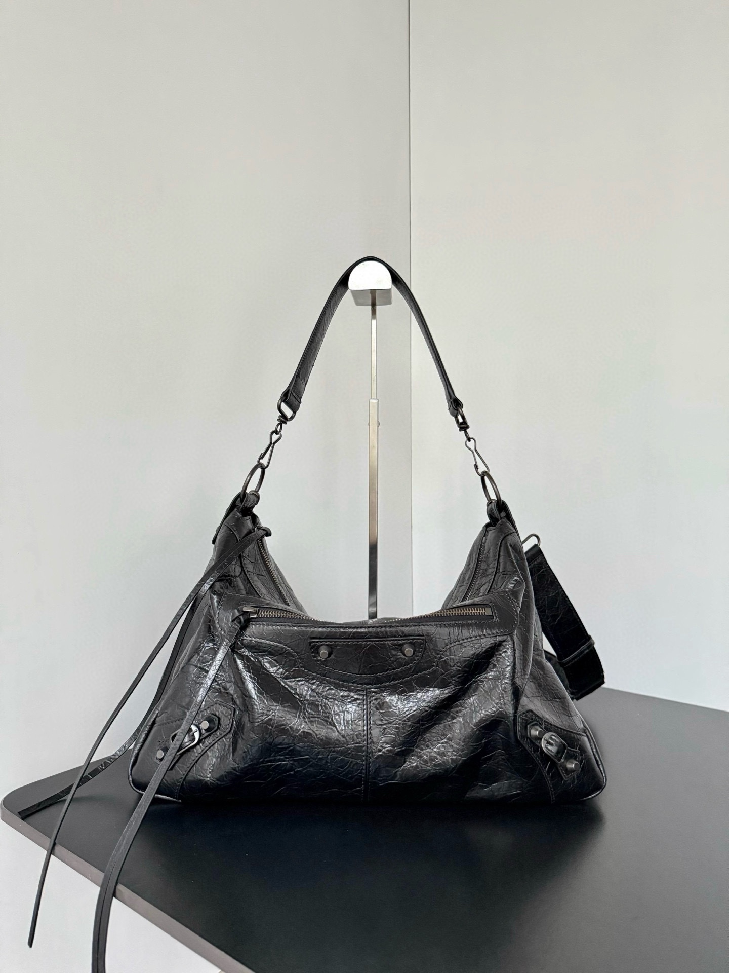 𝐁alenciaga Le City Moto Medium Bag in Black Lambskin