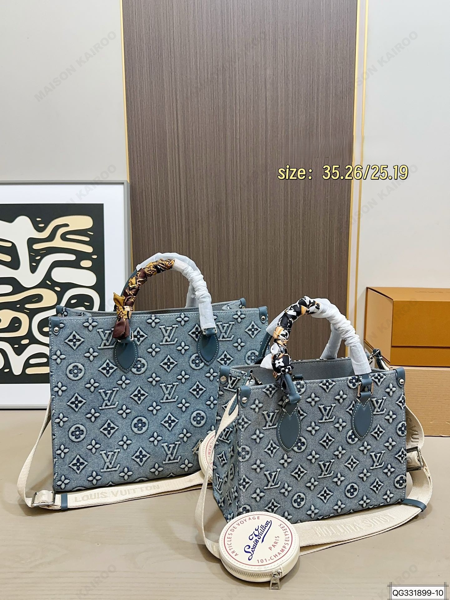 Louis Vuitton LV OnTheGo BB/PM/MM Monogram Denim Small Embossed Round Coin Purse Top Handle Tote Bag - KAIROO