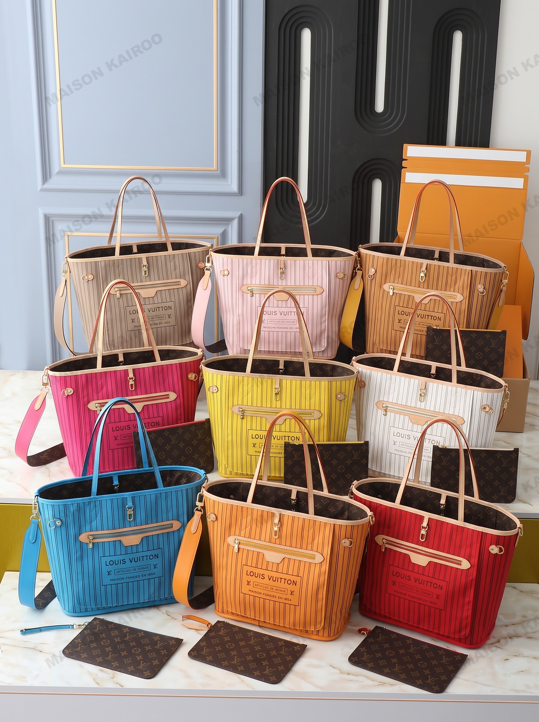 Louis Vuitton LV Neverfull Inside Out MM Monogram Striped Canvas Crossbody Strap Reversible Tote Bag With Pouch - KAIROO