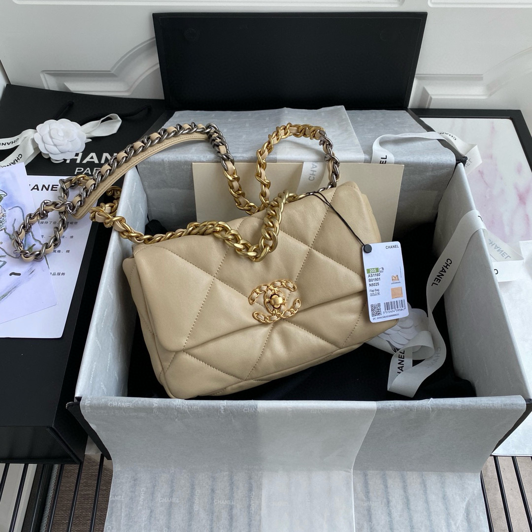 Chanel 19 Medium Handbag in Beige Lambskin