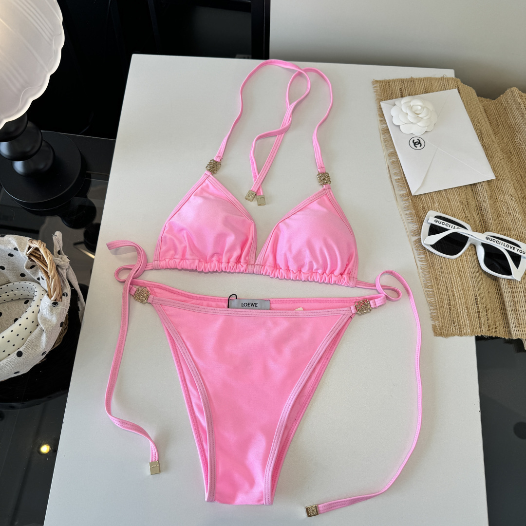 Loewe Hot Pink Gold Anagram Engraved Logo Triangle Halter Two-Piece Bikini Swimsuit Set - KAIROO