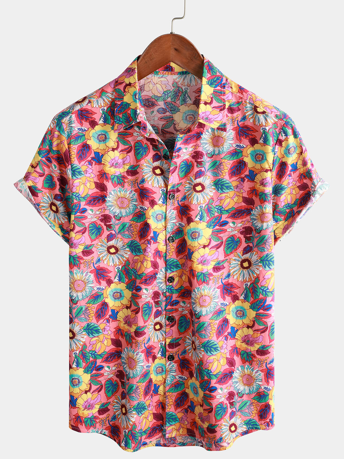 Men's Pink Floral 100% Cotton Breathable Summer Hawaiian Button-Up Short Sleeve Shirt