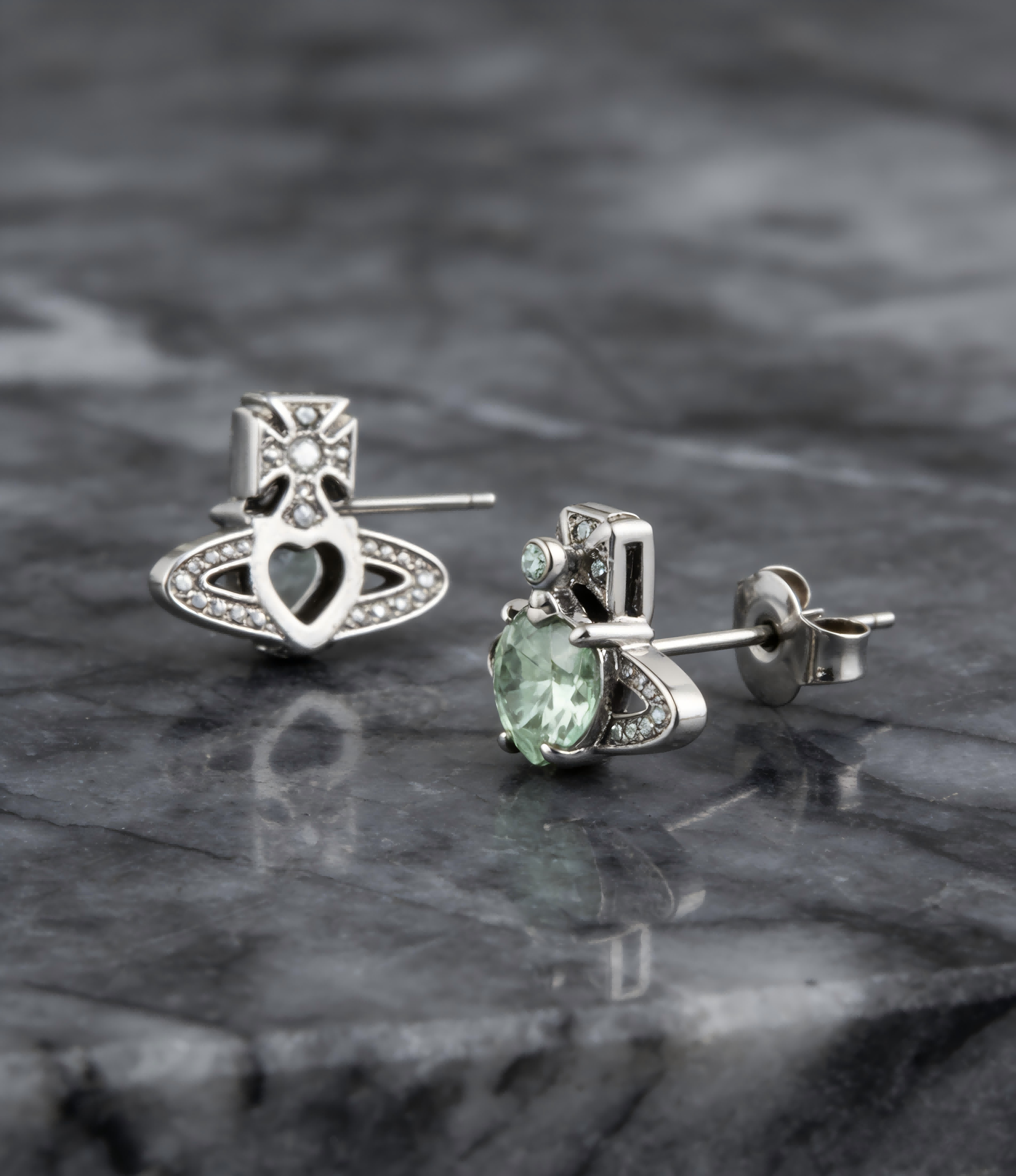 2026 New Vivienne Westwood Style Mint Green Crystal Saturn Earrings - Dainty Silver Tone Rhinestone Stud Earrings for Women