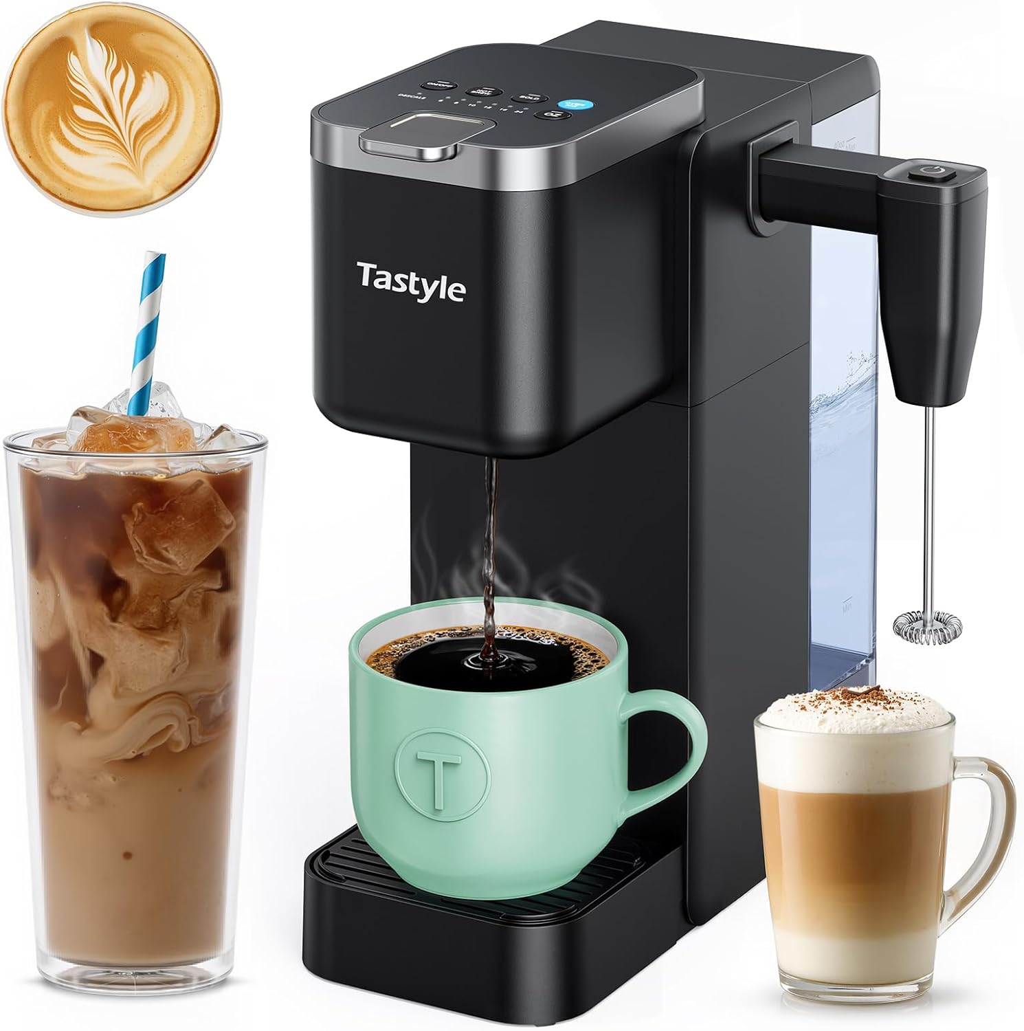 Single Serve Coffee Maker with Built-in Detachable Milk Frother, Iced and Hot Coffee Machine for K Cup & Grounds, 40oz Removable Water Reservoir, 6 Cup Sizes, Fits 7.3