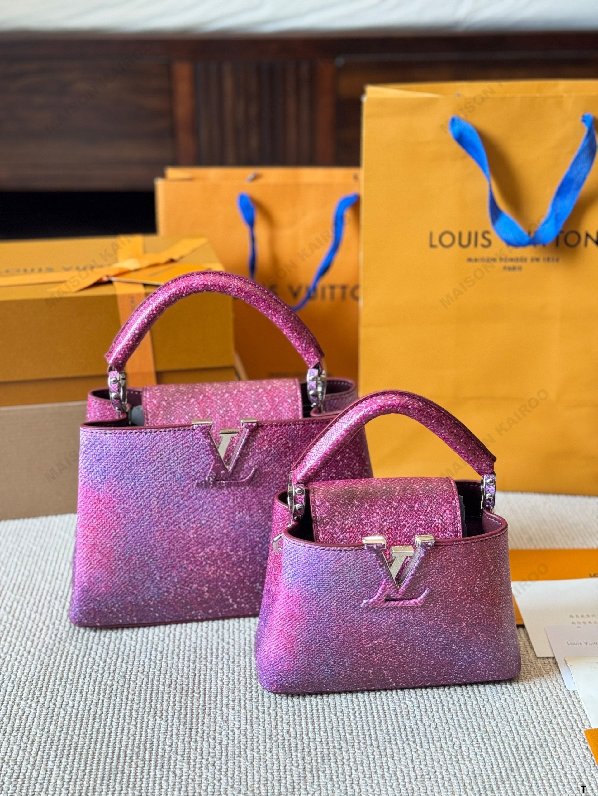 Louis Vuitton LV Capucines BB & Mini Fuchsia Pink Metallic Glitter Taurillon Leather Top Handle Bag - KAIROO