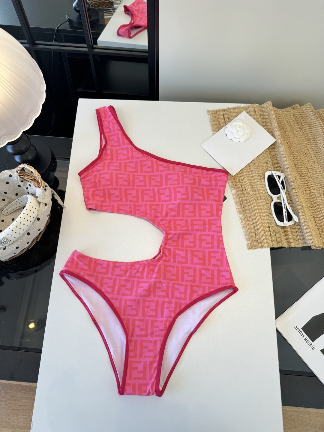 Fendi FF Print Neon Pink One-Shoulder Cutout One-Piece Swimsuit - KAIROO