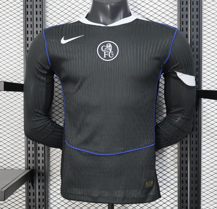 25/26 Player Version Chelsea Away Dark Gray with Vertical Stripe Texture and Blue Piping Jersey S-2XL