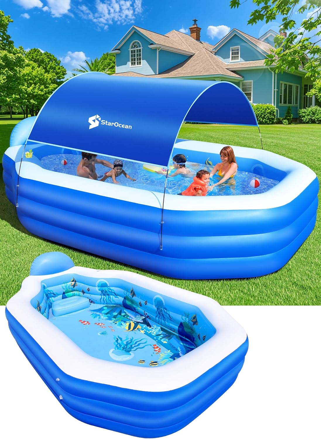 Inflatable Pool with Canopy, Large Inflatable Swimming Pool for Kids,Adult, Blow Up Pools with Seats,Backrest.Durable Thickened Inflatable Family Pools for Backyard,118