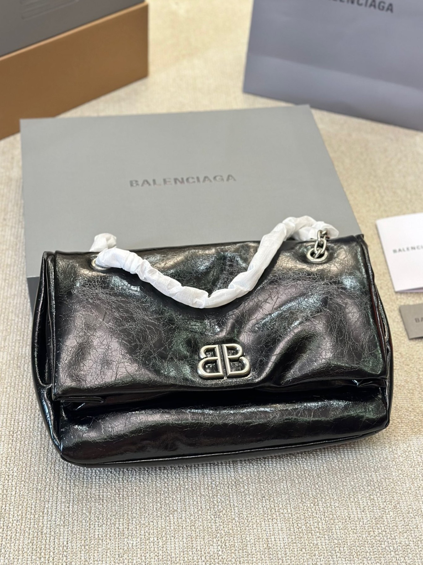 Balenciaga Monaco Black BB Silver Hardware Crumpled Leather Chain Shoulder Bag - KAIROO
