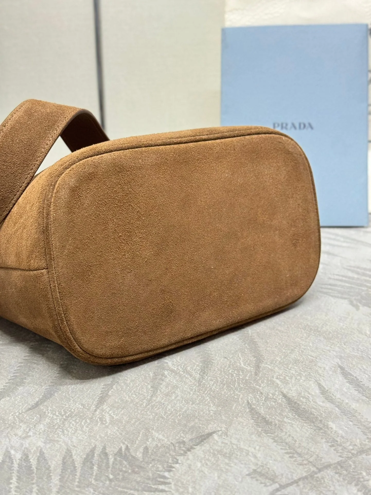 Prada BUCKET BAG 22 IN RUSSET BROWN SOFT SUEDE