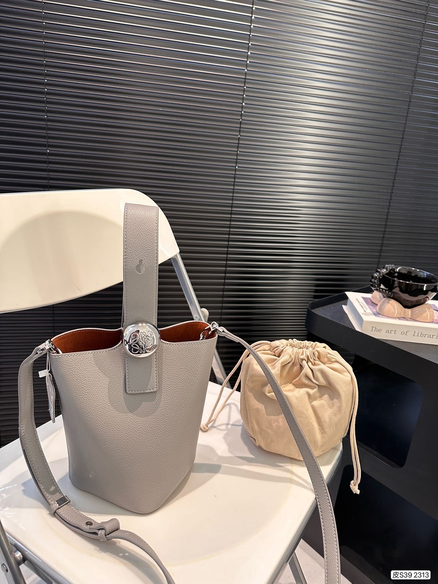 Loewe Grey Mini Pebble Grain Leather Silver Metal Anagram Handle Shoulder Bucket Bag - KAIROO