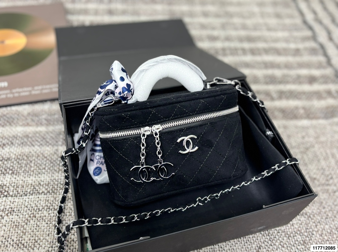Chanel 25C Suede Vanity Case Diamond Quilted Suede Top Handle Mini Cosmetic Bag - KAIROO