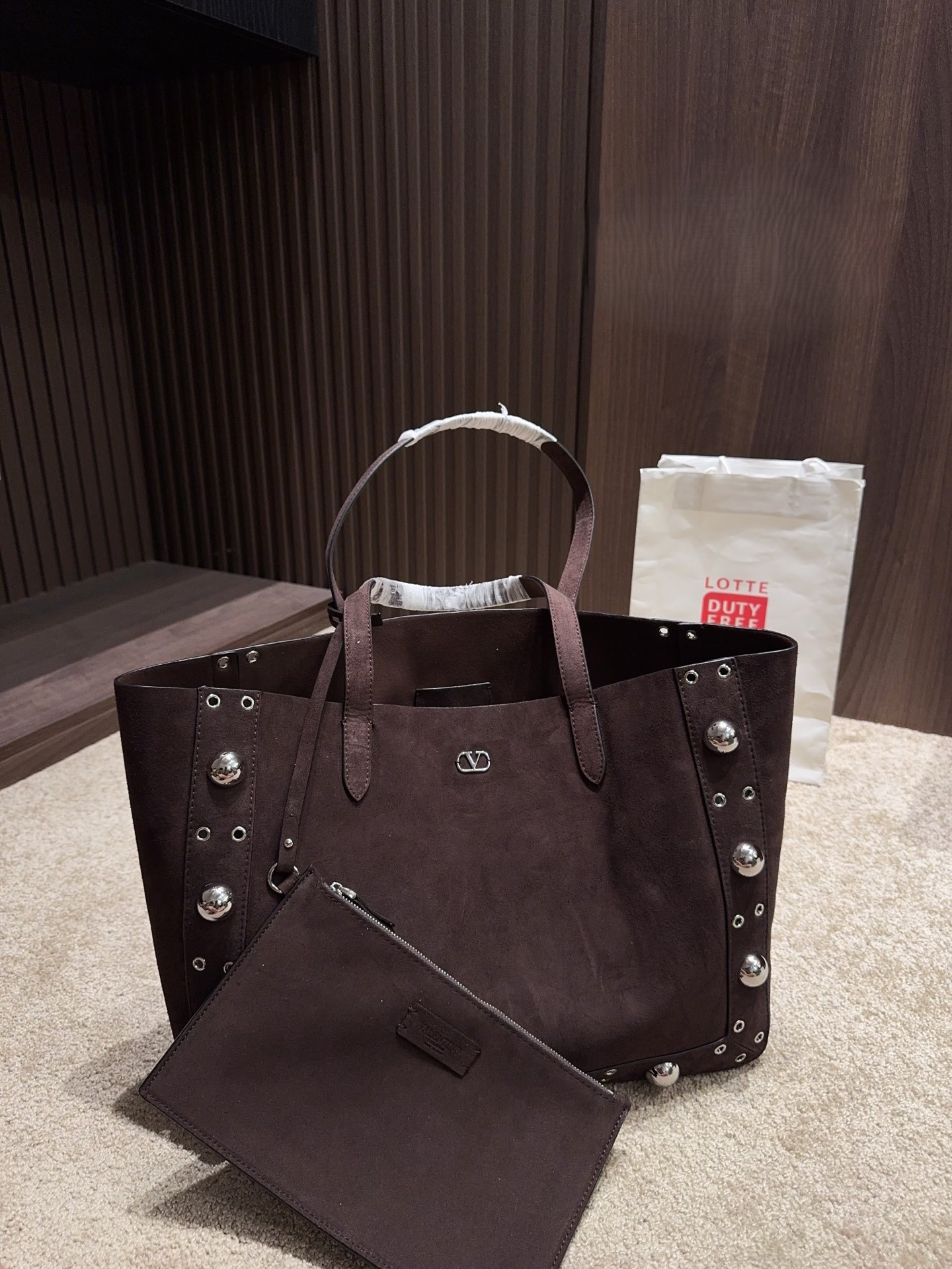 Valentino Nellcote Chocolate Suede Leather Oversized Round Studded VLogo Shopper Tote Bag With Pouch - KAIROO