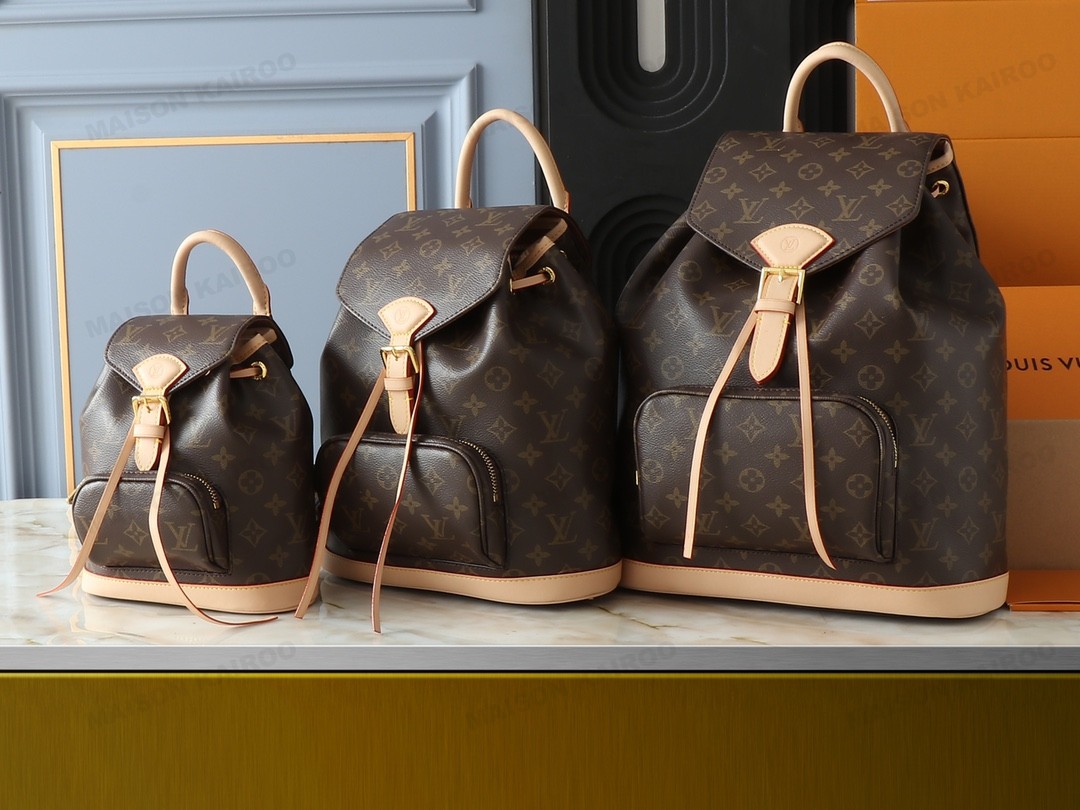 Louis Vuitton LV Montsouris Monogram Canvas Vachetta Leather Buckle Drawstring Backpack - KAIROO