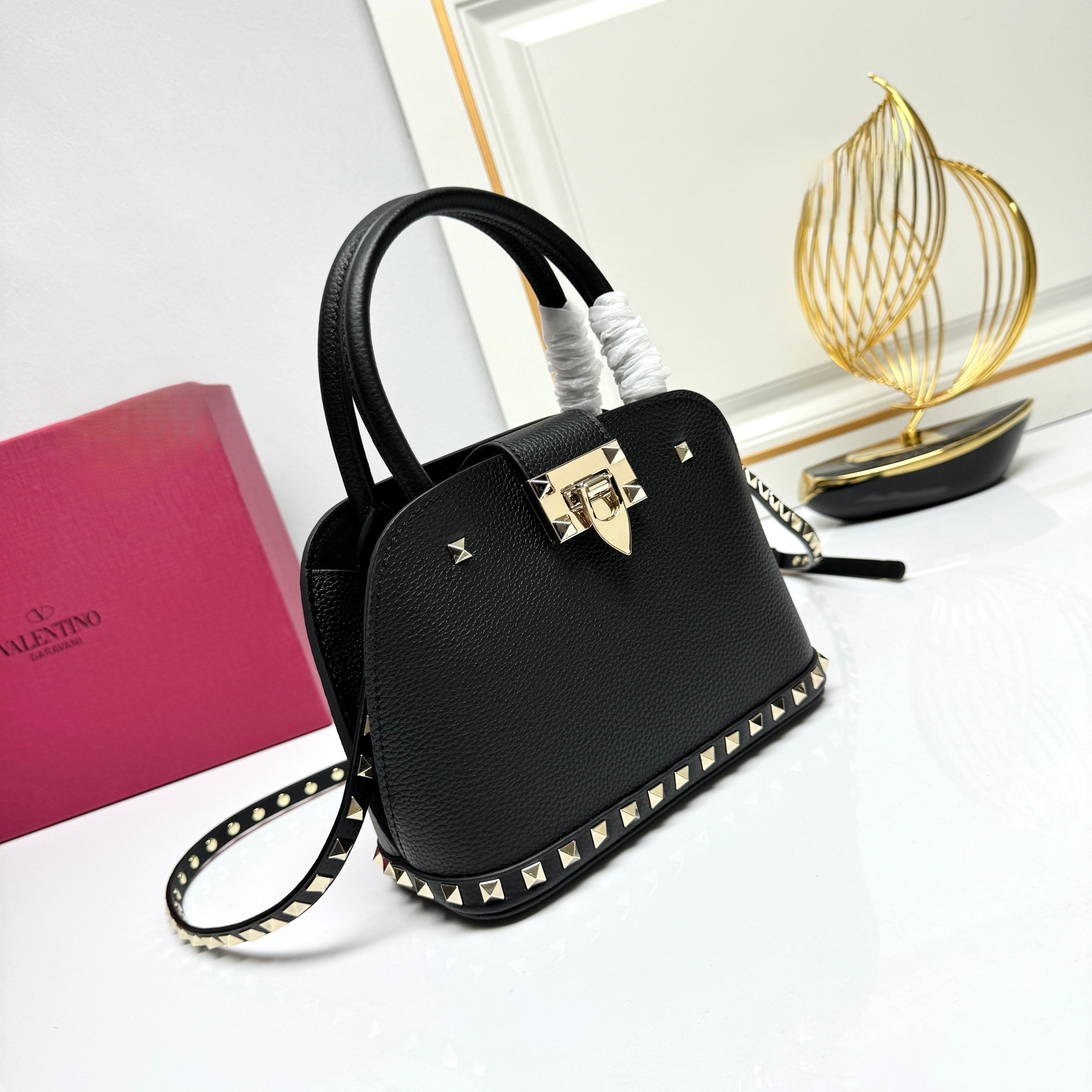 Valentino Rockstud Black Grained Leather Studded Flip-lock Handle Crossbody Dome Bag - KAIROO