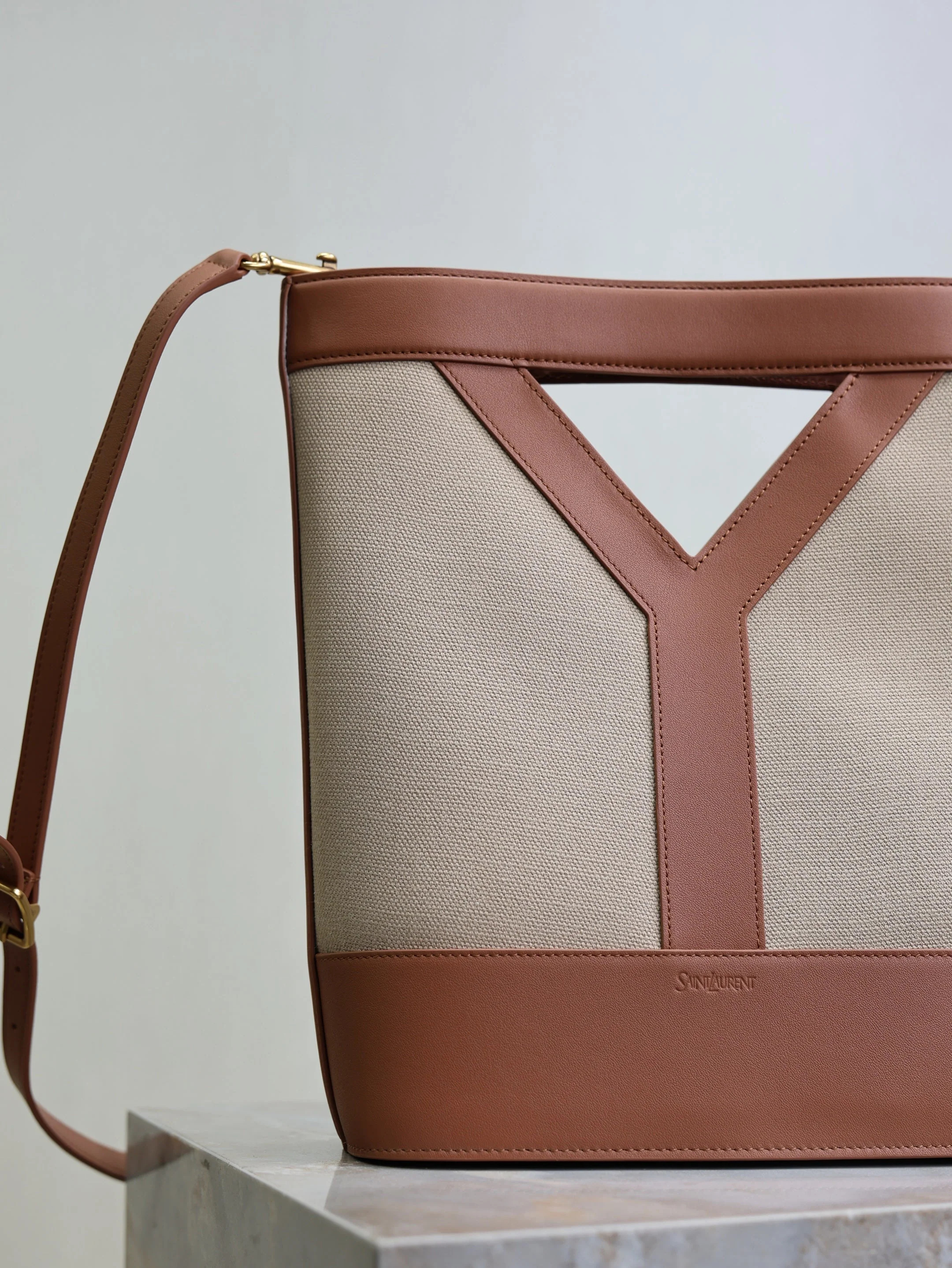 Saint Laurent YSL Small Bucket 23cm Caramel Beige Canvas Leather
