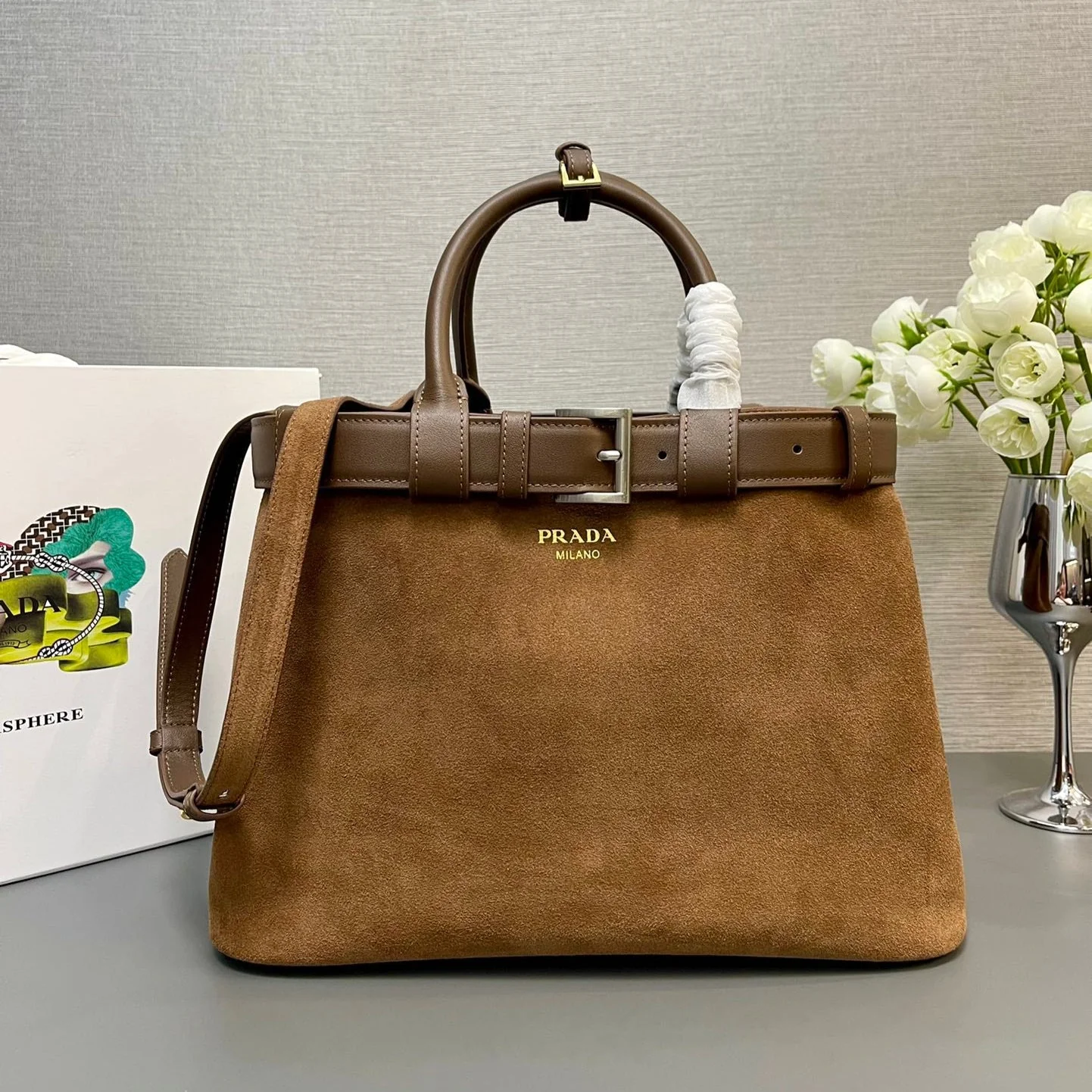 Prada MEDIUM TOTE BAG WITH 35 IN RUSSET BROWN SUEDE