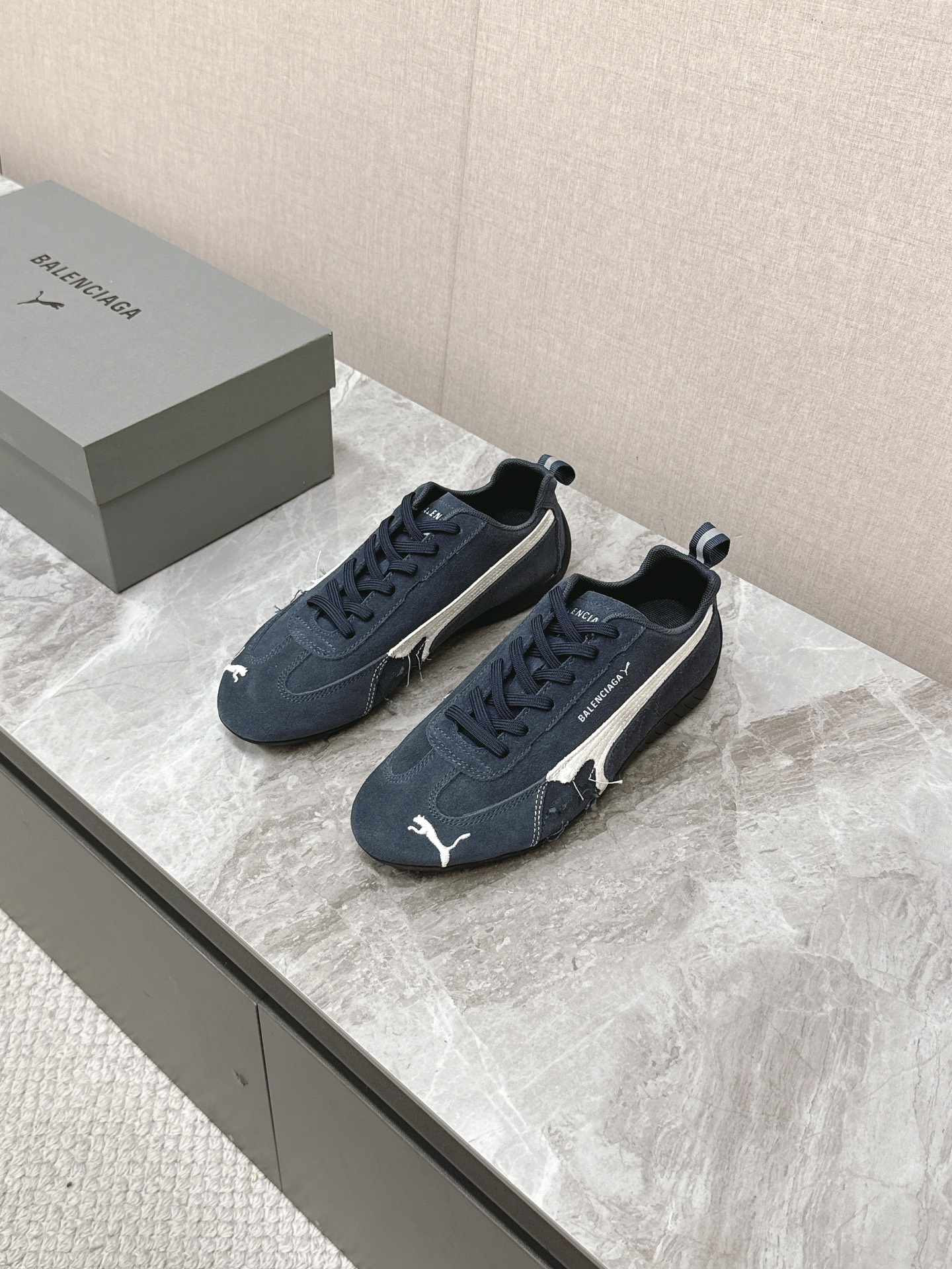 Balenciaga x Puma Navy Worn-Out Broken Logo Leather Suede Speed GAT Sneakers - KAIROO