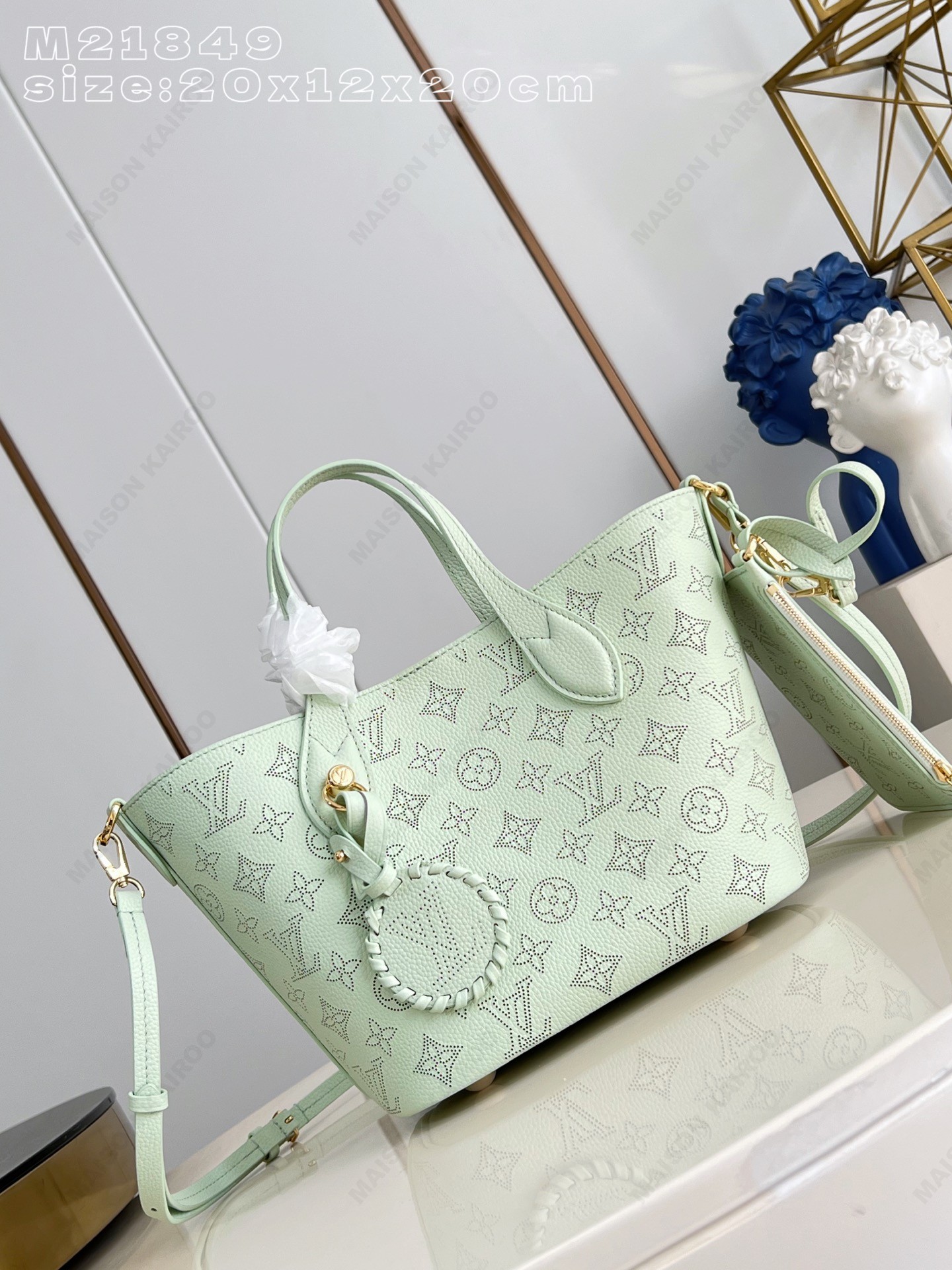 【15A】Louis Vuitton LV Mahina Blossom PM Mint Green Dense Perforated Monogram Leather Basket Handle Tote Bag - KAIROO