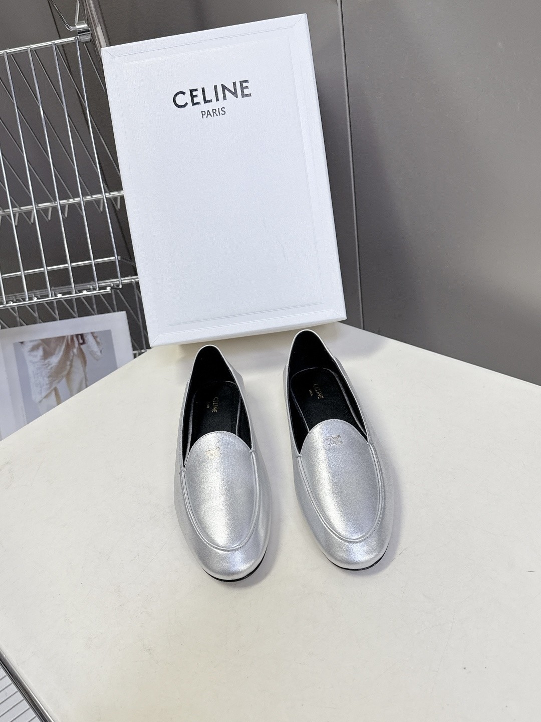 Celine Smooth Leather Triomphe Embossed Logo Round Toe Slip-On Loafers - KAIROO