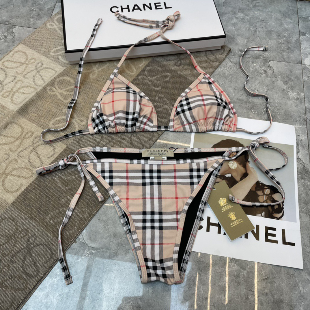 Burberry Vintage Check Print Tie Strap Triangle Bikini Set - KAIROO