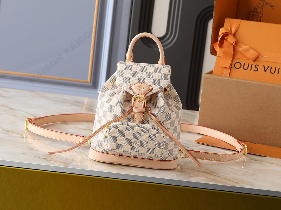 Louis Vuitton LV Montsouris Damier Azur Canvas Vachetta Leather Buckle Drawstring Backpack - KAIROO