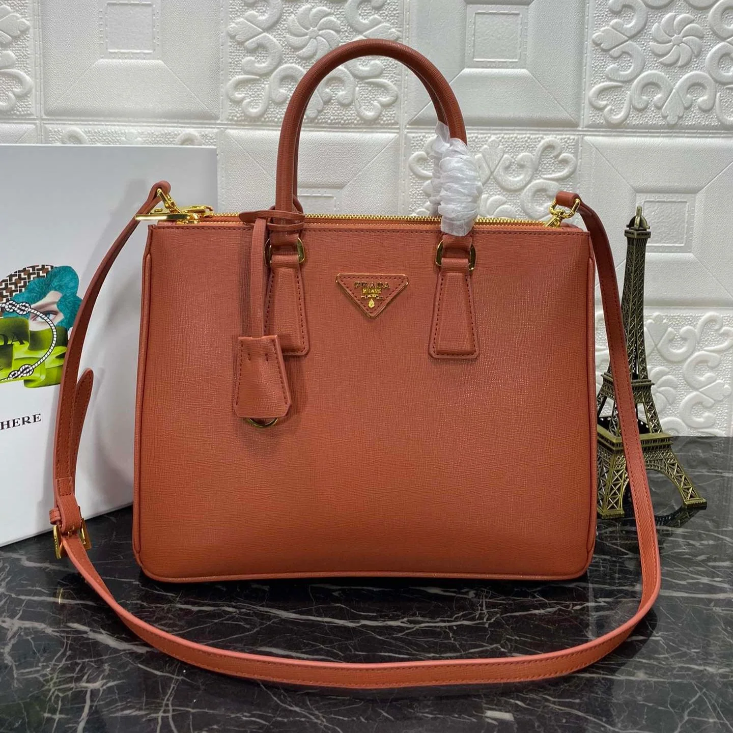 Prada GALLERIA 32 BAG IN BRONZE ORANGE SAFFIANO LEATHER