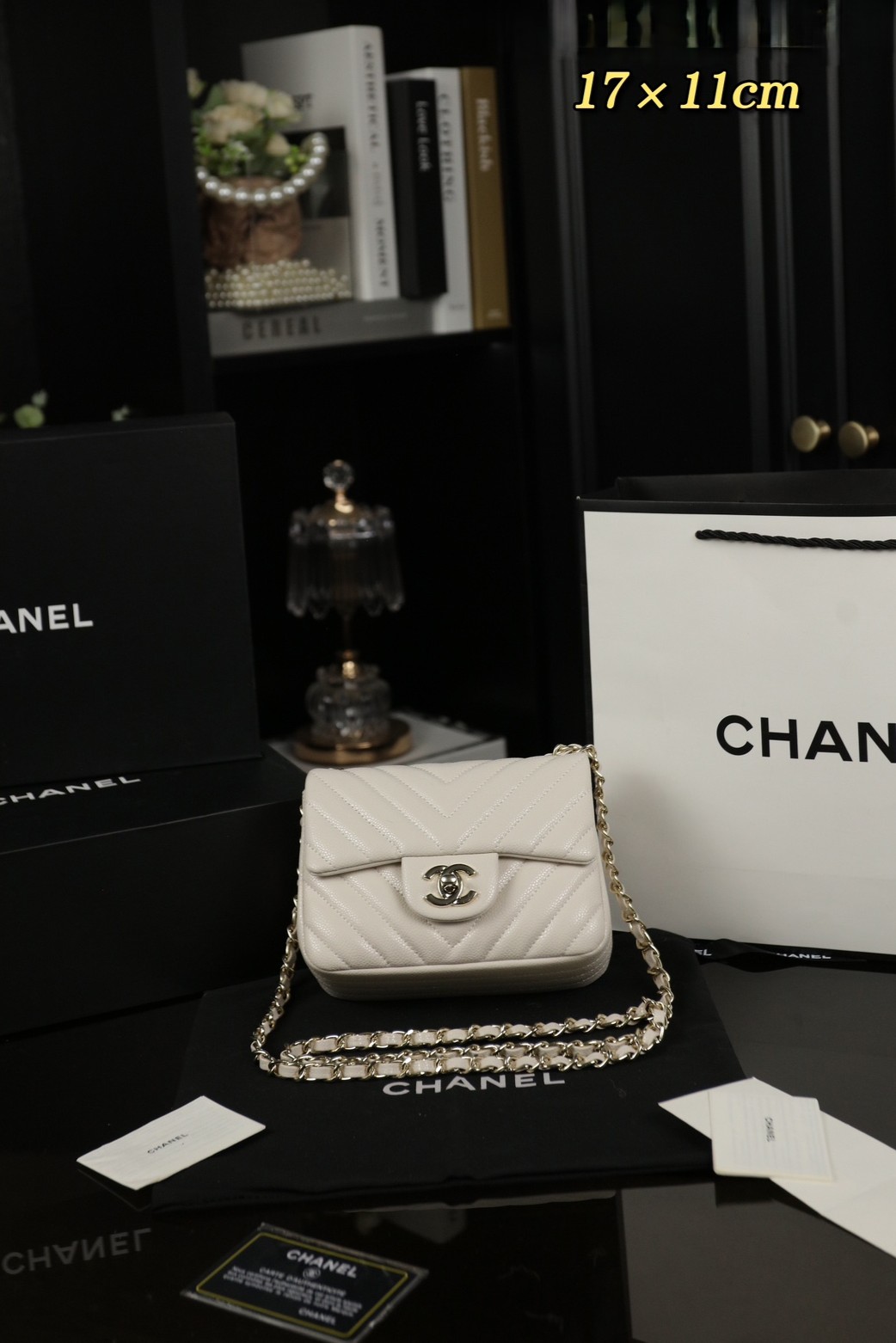 Chanel Mini Square CF 17CM Chevron Quilted Leather Silver Hardware Flap Shoulder Bag - KAIROO