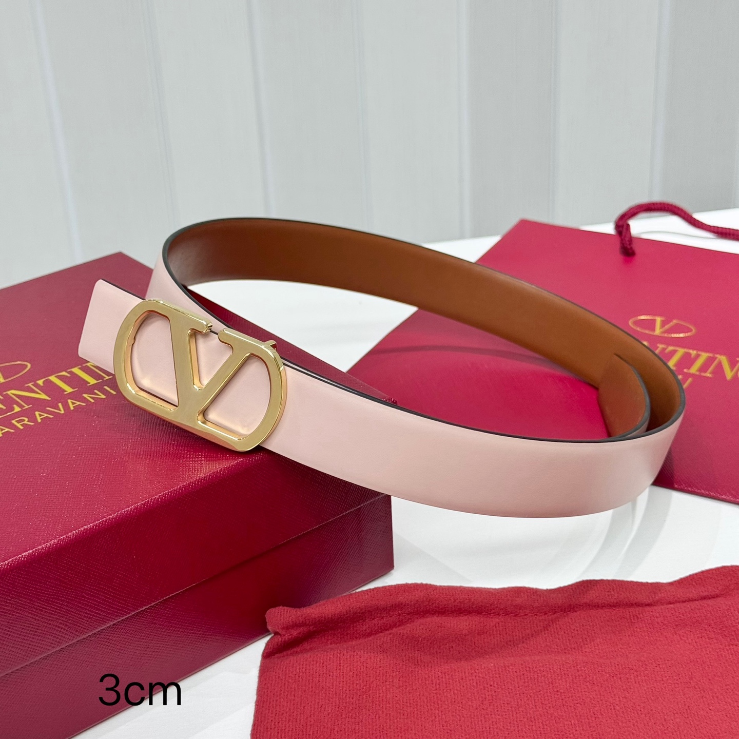 Valentino VLogo Signature Saddle Poudre Gold Buckle Reversible Smooth Leather Belt - KAIROO
