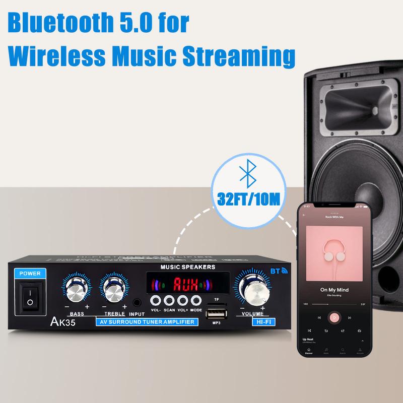 Woopker AK35 Mini Bluetooth 5.0 Audio Amplifier - 200W Peak 2.0 CH Stereo HiFi Receiver with Bass & Treble Control for Bookshelf Speakers (110V/12V)