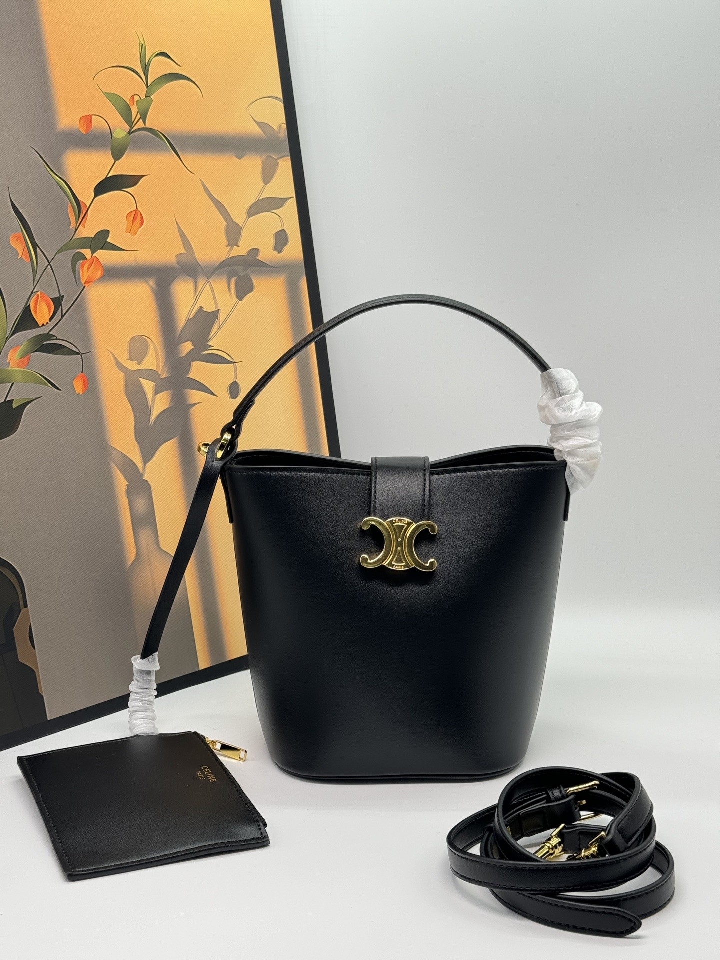 Celine Black Leather Gold Triomphe Buckle Lock Adjustable Strap Bucket Bag - KAIROO