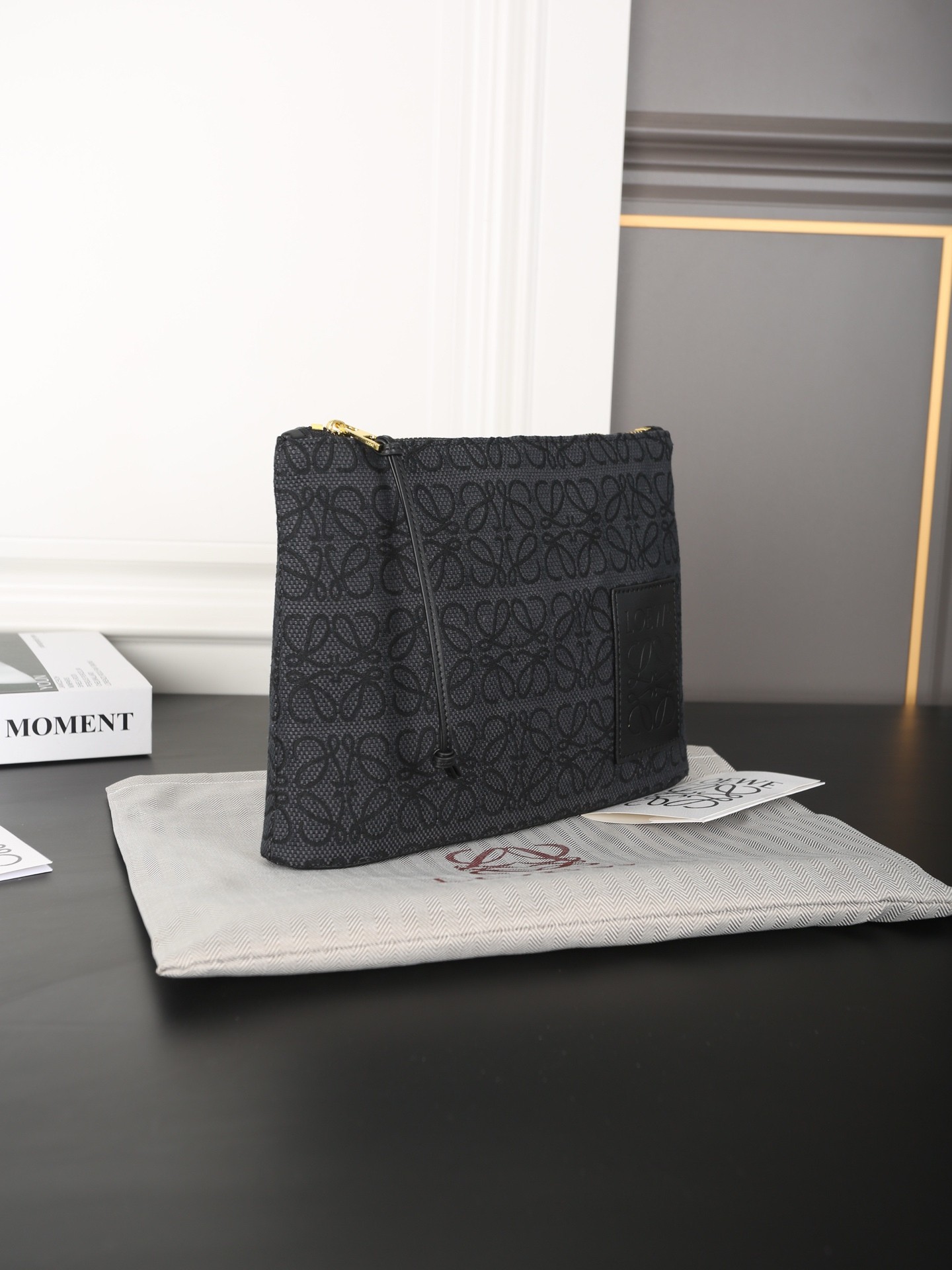 Loewe Black Anagram Jacquard Canvas Leather Logo Zip Closure Pouch - KAIROO