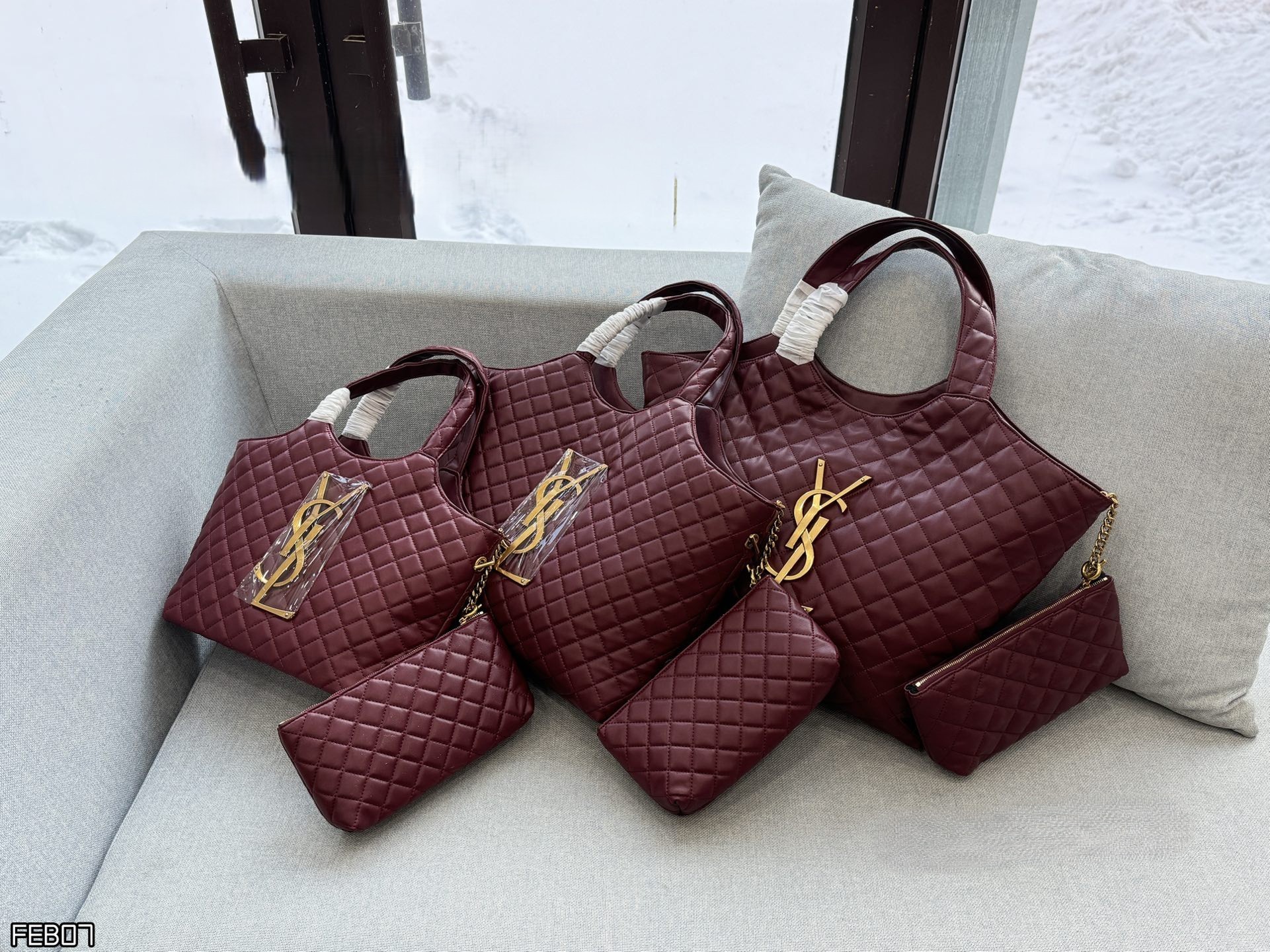 Saint Laurent YSL Icare Maxi/Med/Small Red Monogram Quilted Leather Shopping Tote Bag With Pouch - KAIROO