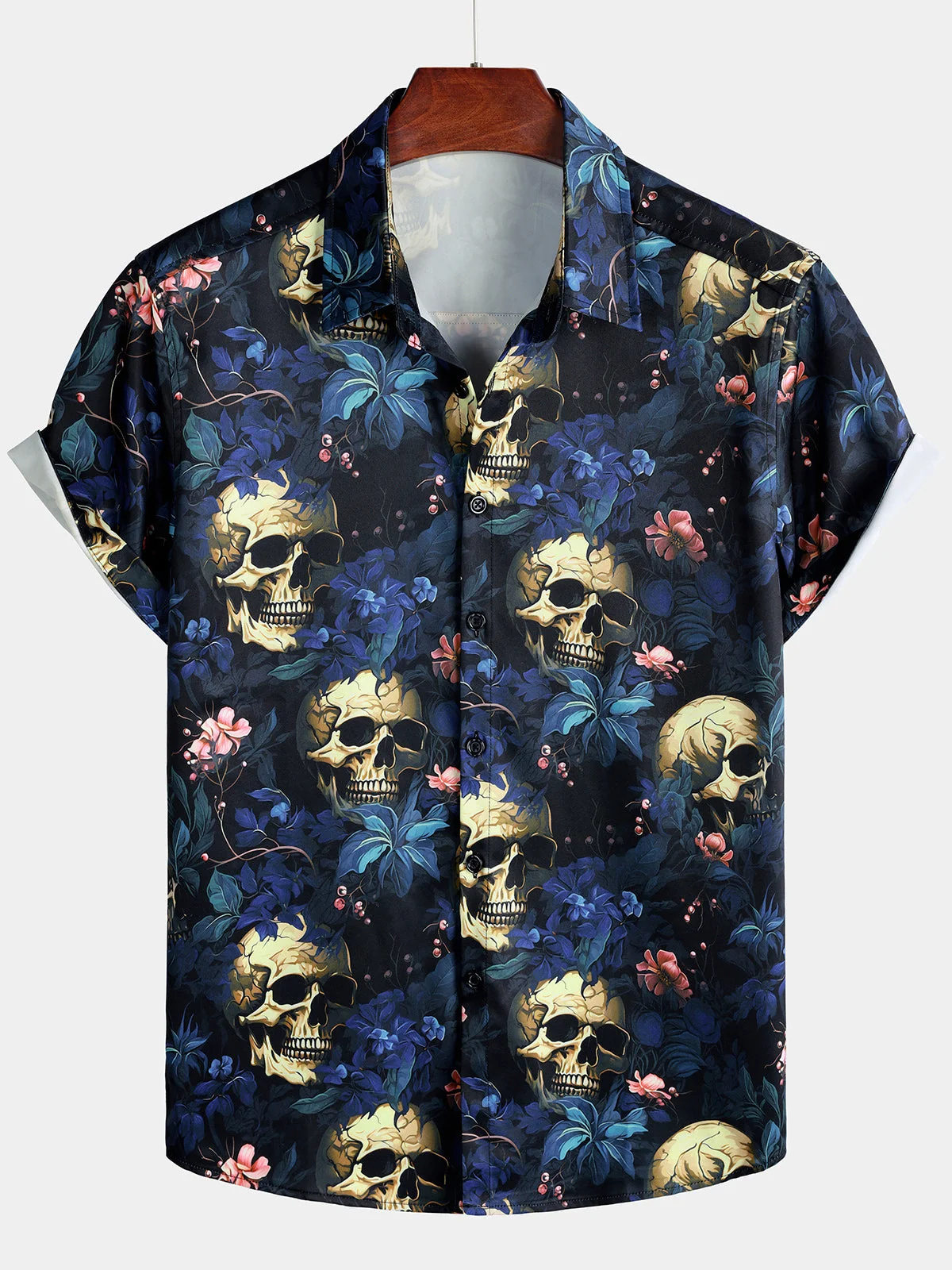 Men's Gold Skull Floral Punk Print Short Sleeve Shirt
