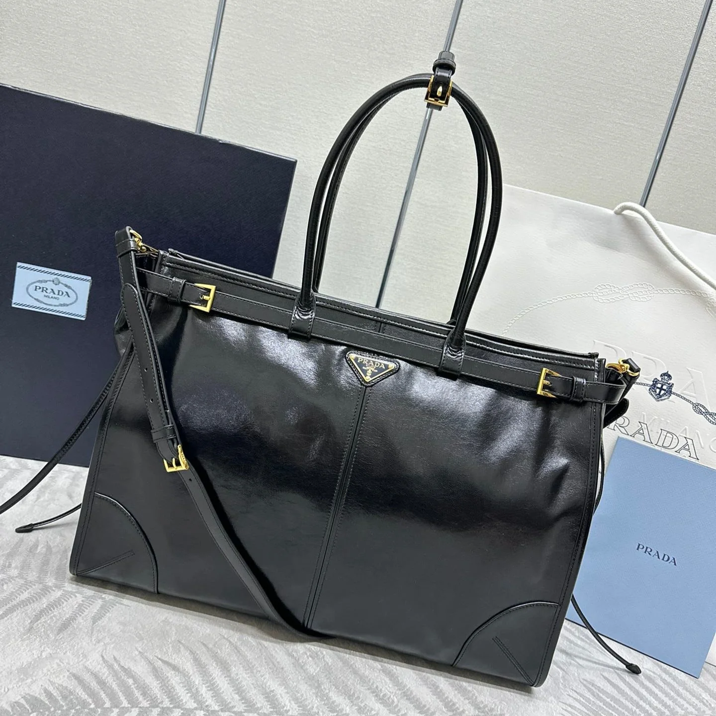 Prada TOTE BAG 42 IN BLACK OIL WAX LAMBSKIN GOLD HARDWARE