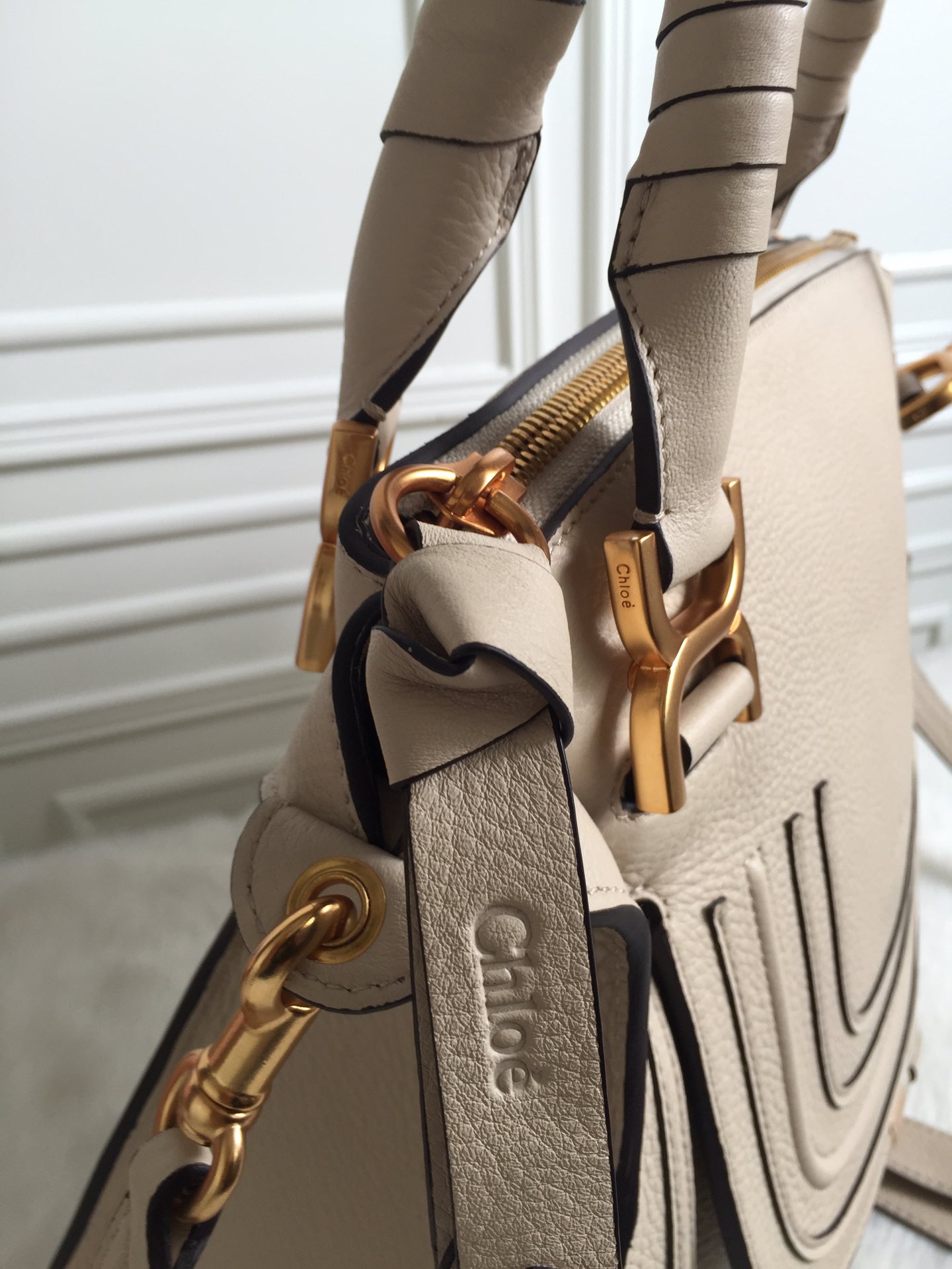 Chloe Large Marcie Bag in Grained Calfskin-Cream white