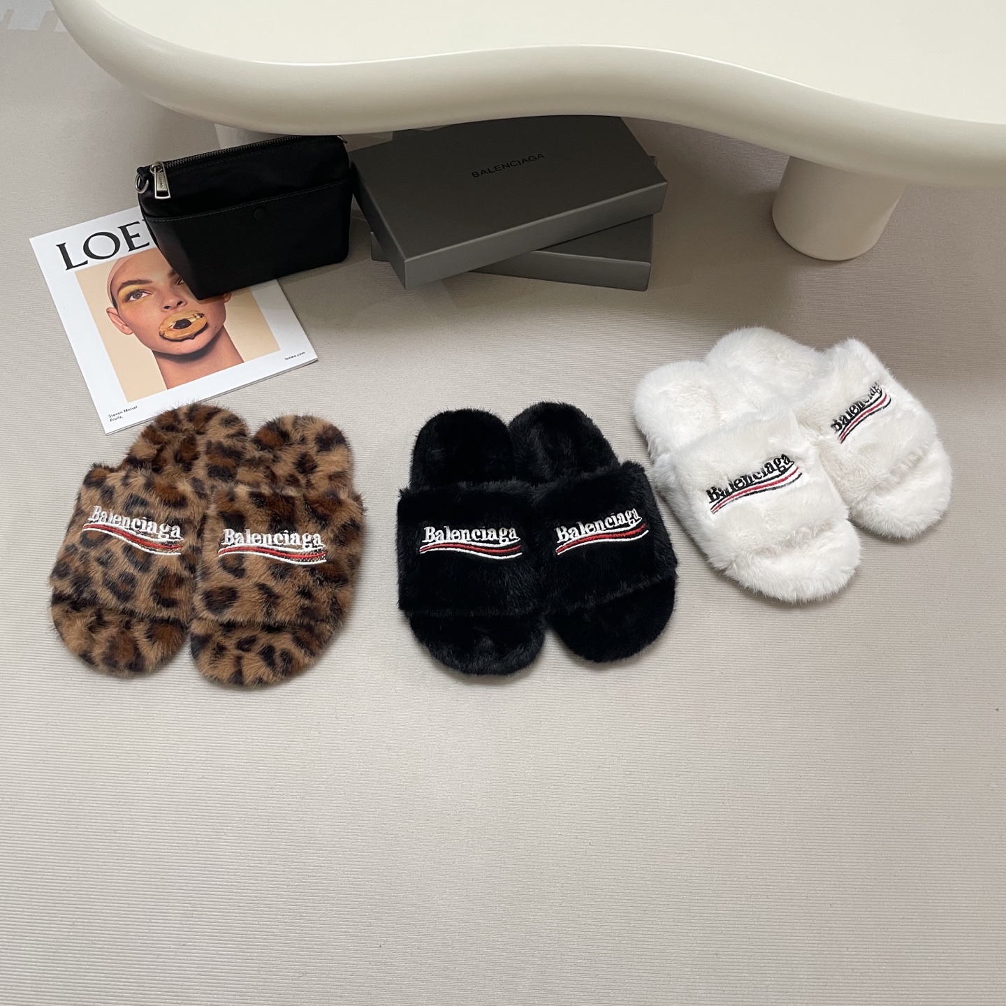 Balenciaga Soft Faux Fur Embroidered Wave Logo Cozy Home Slippers - KAIROO