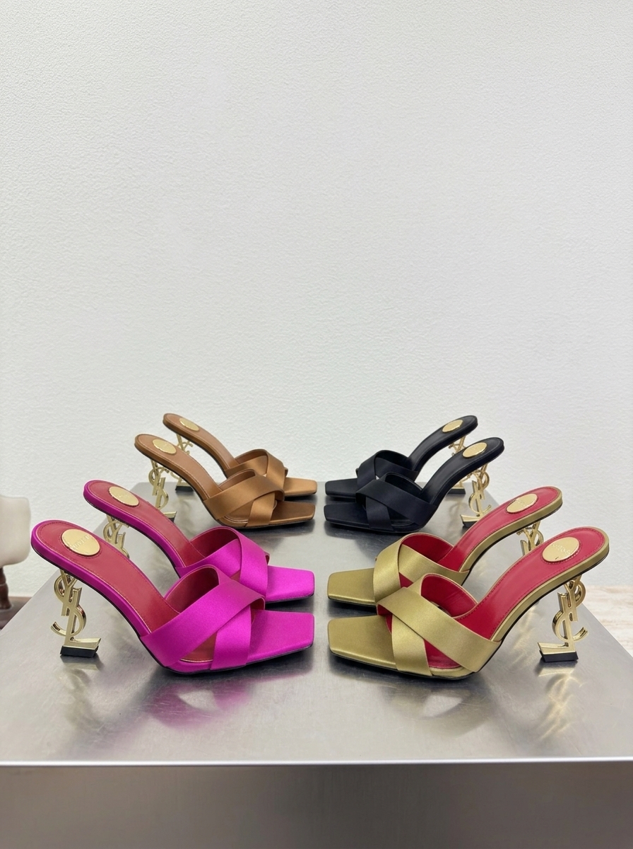 Saint Laurent Opyum 105 YSL Logo Satin Square Toe Crisscross Cassandre Heel Mule Sandals - KAIROO