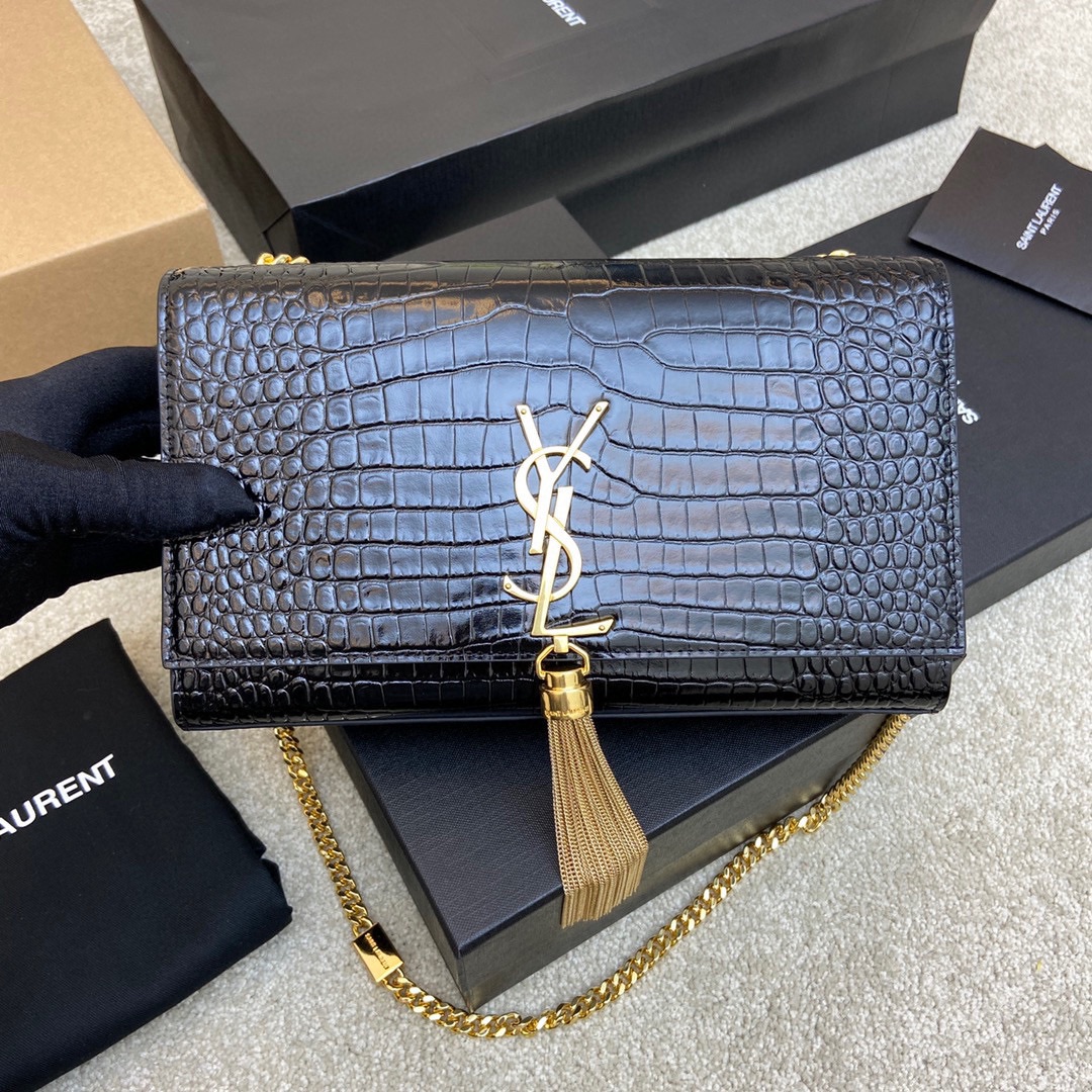 Saint Laurent Black Crocodile-Embossed Leather Medium Kate