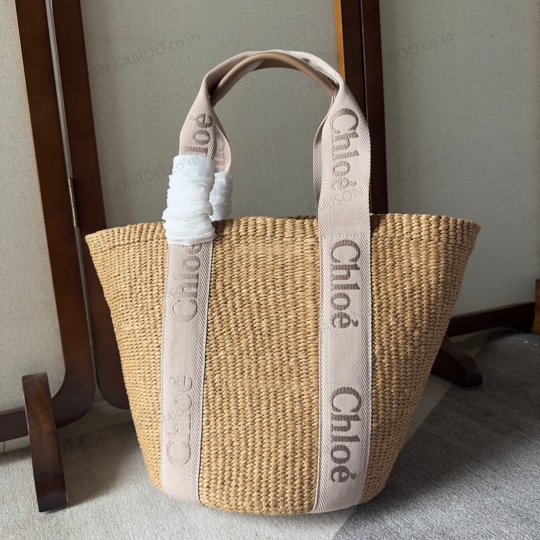 【10A】Chloe Woody Large Raffia Straw Chloé Embroidered Beige Logo Ribbon Beach Basket Tote Bag - KAIROO