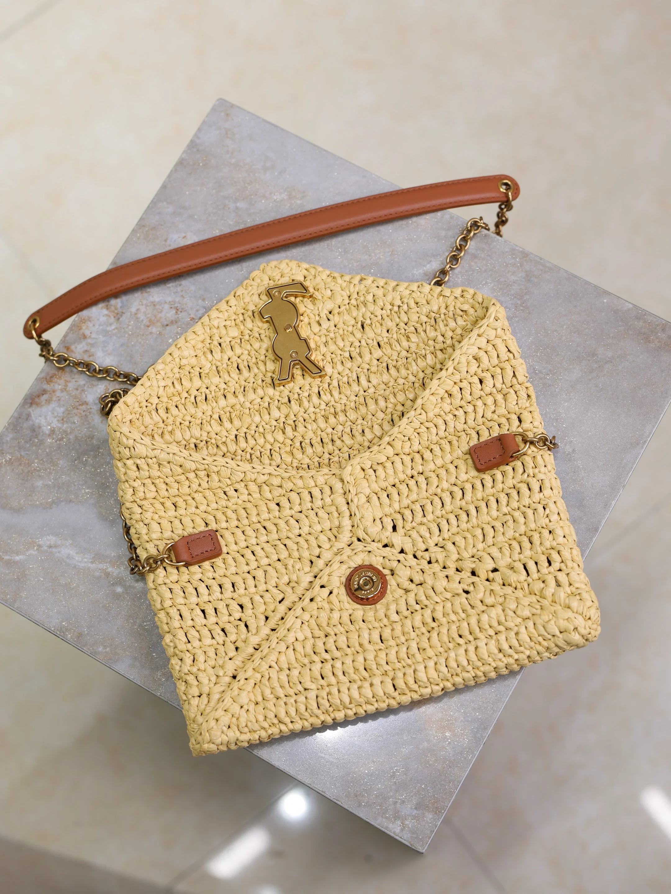 Saint Laurent YSL Calypso Bag 19cm Beige Raffia Leather