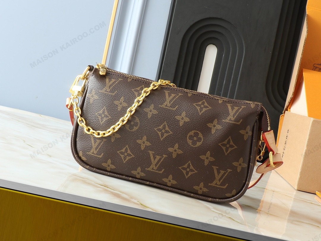 Louis Vuitton LV Pochette Accessoires Brown Monogram Canvas Leather Strap Chain PA Pouch Hobo Shoulder Bag - KAIROO