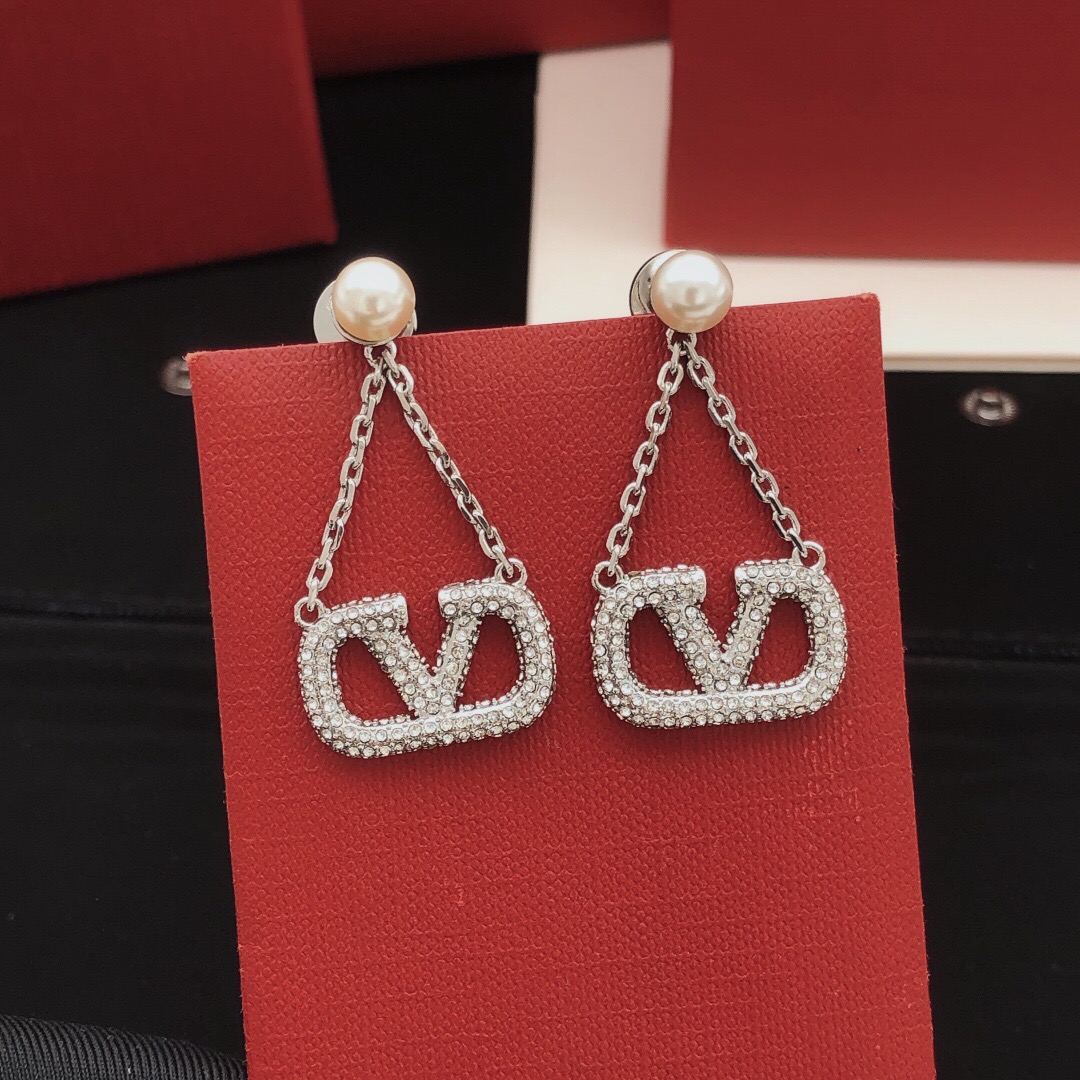 Valentino VLogo Signature Crystal Pave Pearl Drop Chain Earrings - KAIROO