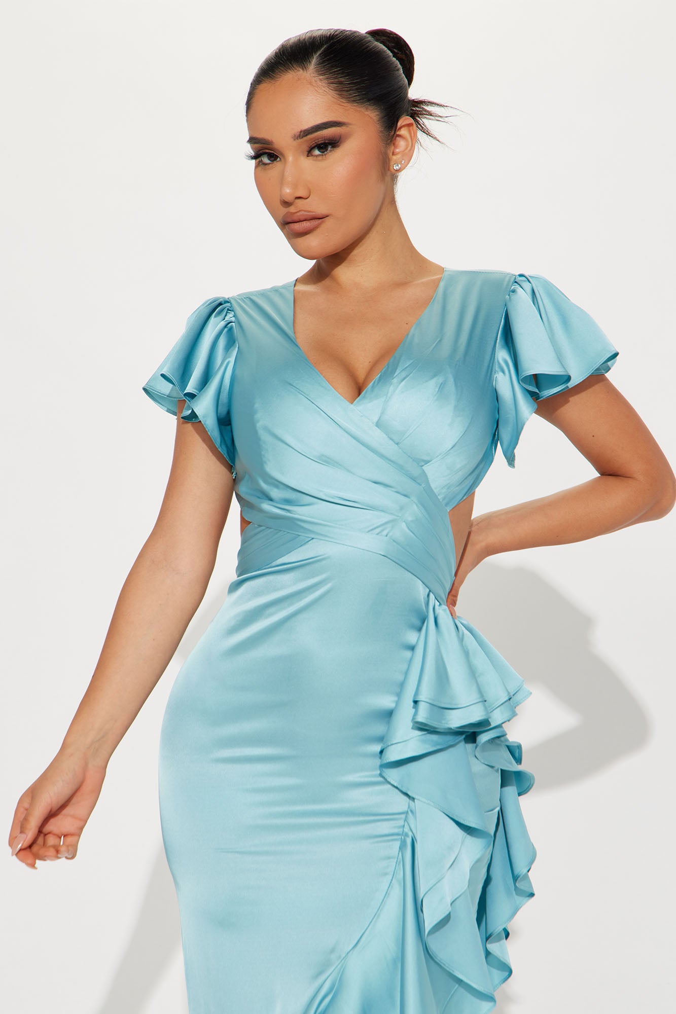 Carrie Satin Ruffle Maxi Dress - Light Blue