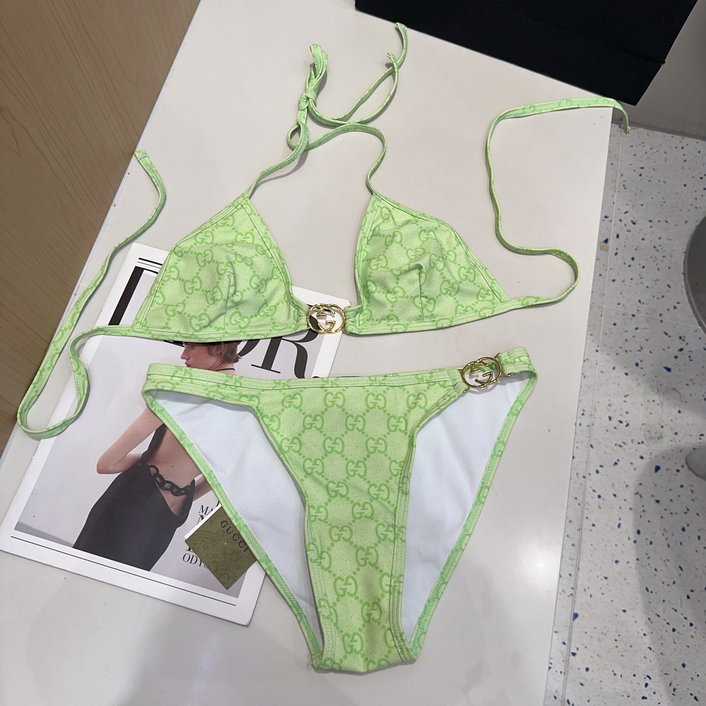 Gucci Green GG Monogram Print Interlocking G Ring Triangle Bikini Two-Piece Swimsuit - KAIROO