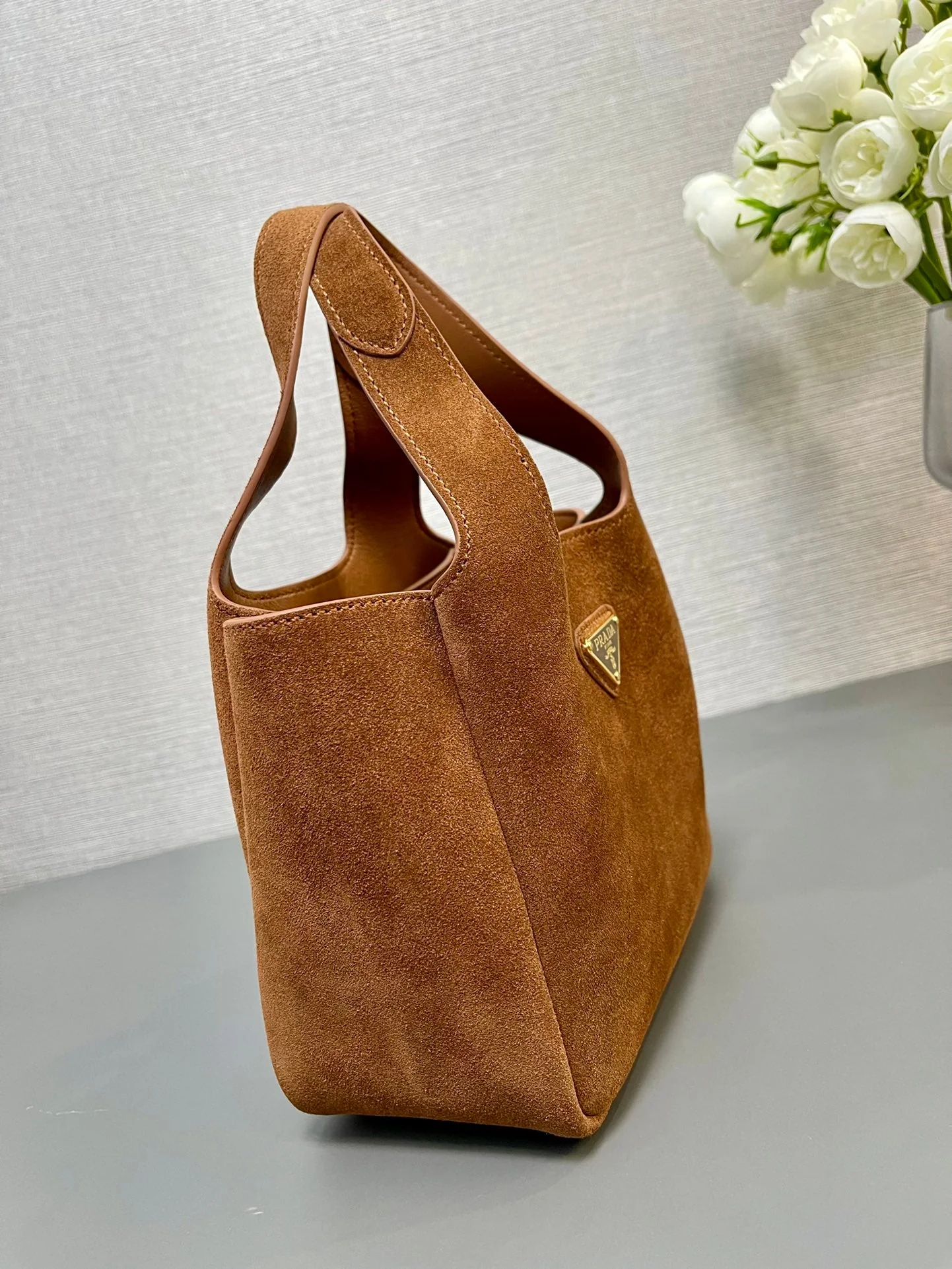 Prada  MINI TOTE BAG 18 IN RED BROWN SUEDE GOLD LOGO