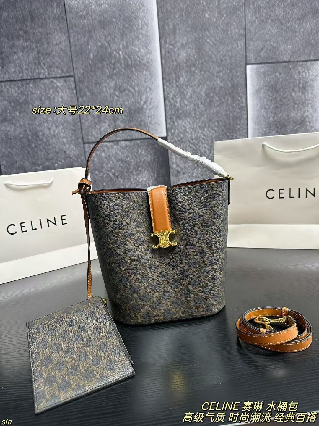 Celine Monogram Leather Gold Triomphe Buckle Lock Adjustable Strap Bucket Bag - KAIROO