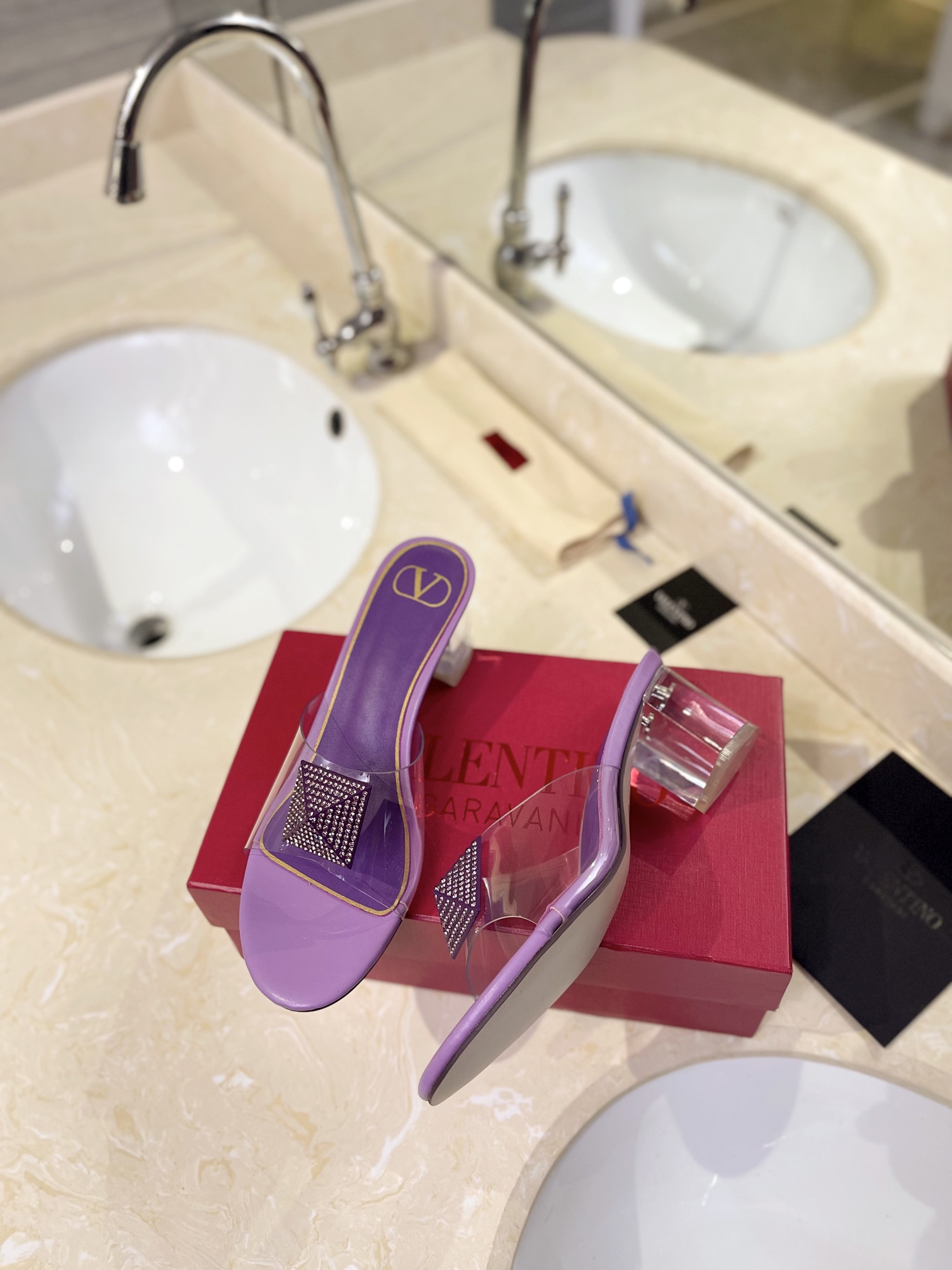 Valentino Rockstud Spike Wisteria Purple Leather Square Crystal Stud Clear PVC Strap Block Slip-on Mules Heels - KAIROO